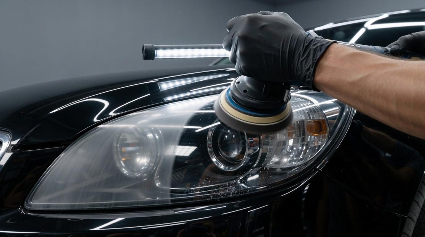 Headlight during the multi-stage professional restoration process